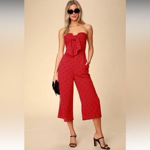 Lulu’s Red Print Strapless Tie Front Jumpsuit